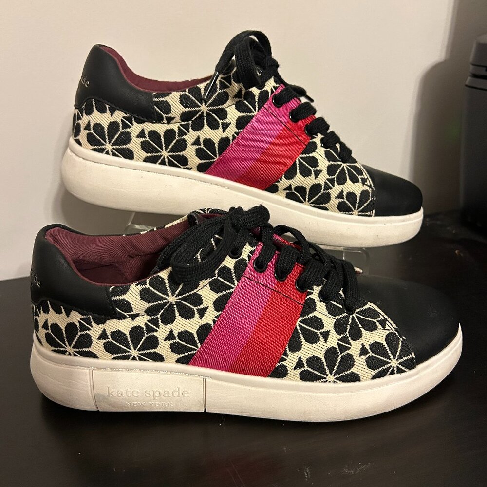 KATE SPADE New York Keswik 2 Sz 8.5 Black & Cream Floral Jacquard Lthr Sneakers